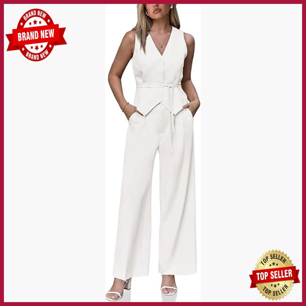 Women's Business Casual 2-Piece Suit Set V-Neck Vest Pleated Wide Leg Pants
